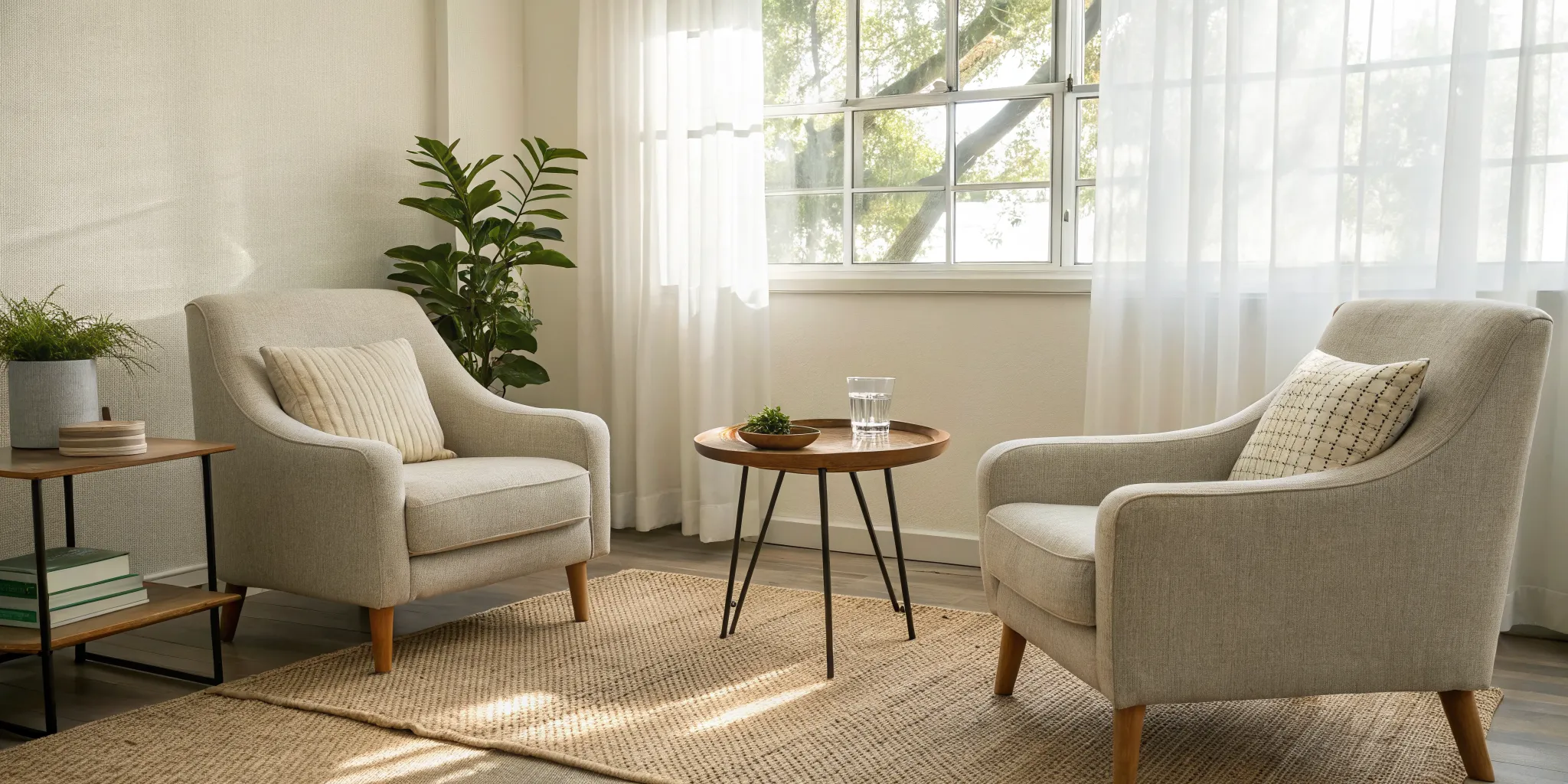 A calm therapy room with two armchairs, a safe space for trauma-informed healing.