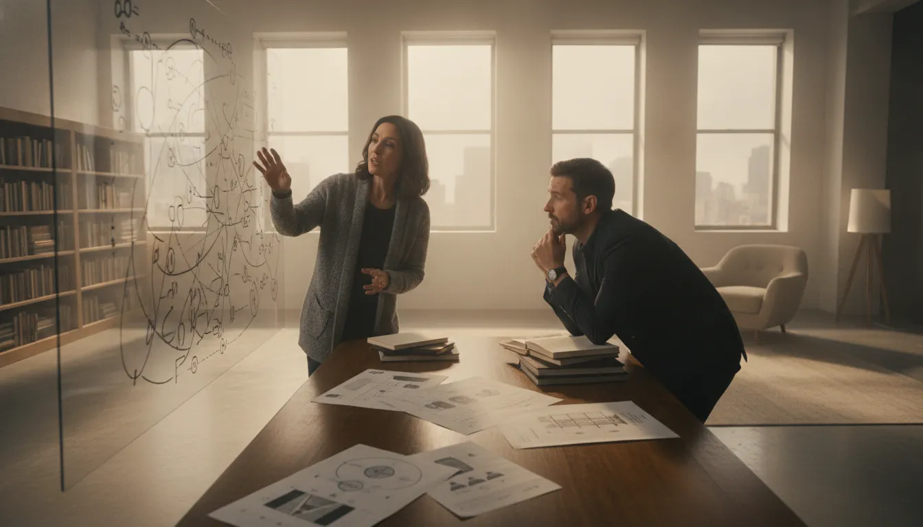 Screenwriter and psychological consultant reviewing a relationship arc