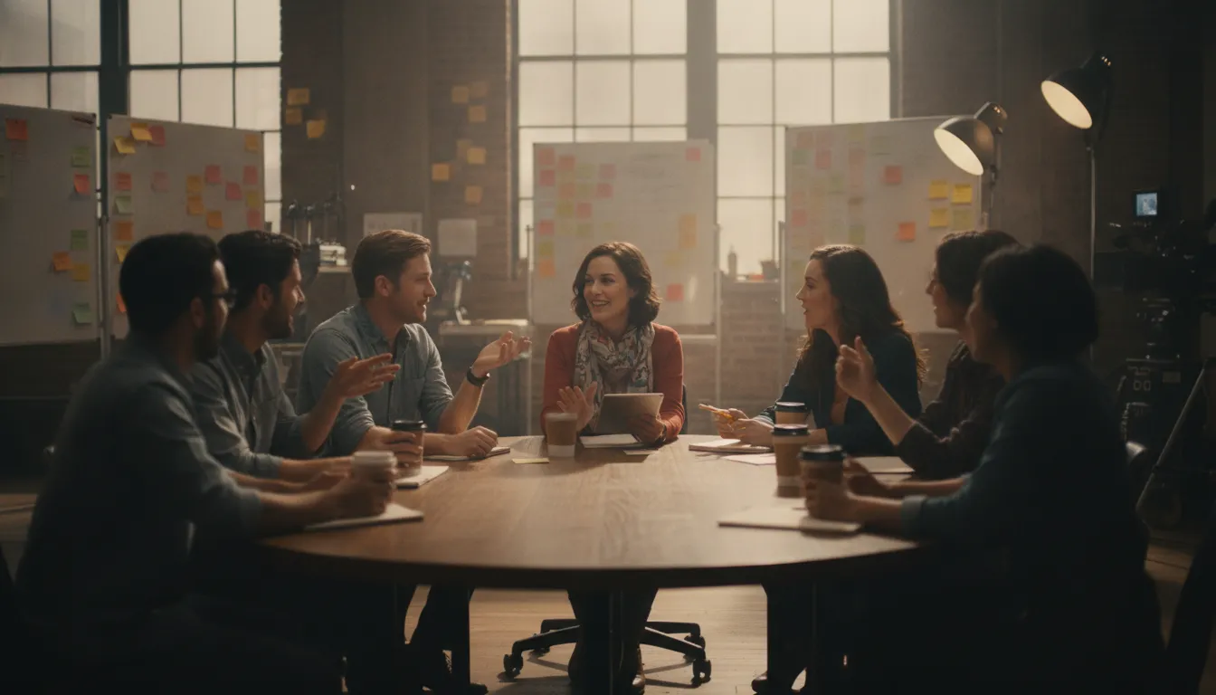 Writers room collaborating with a mental health consultant for TV and film