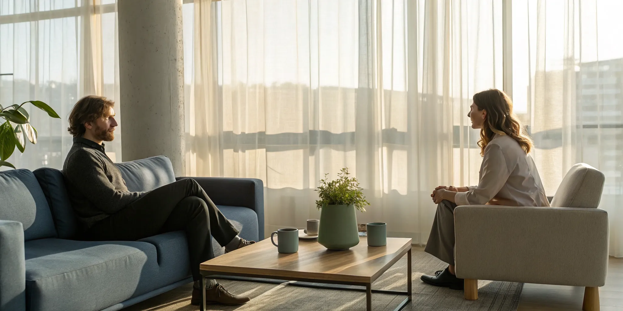 A couple rebuilding their relationship in a trauma-informed therapy session.