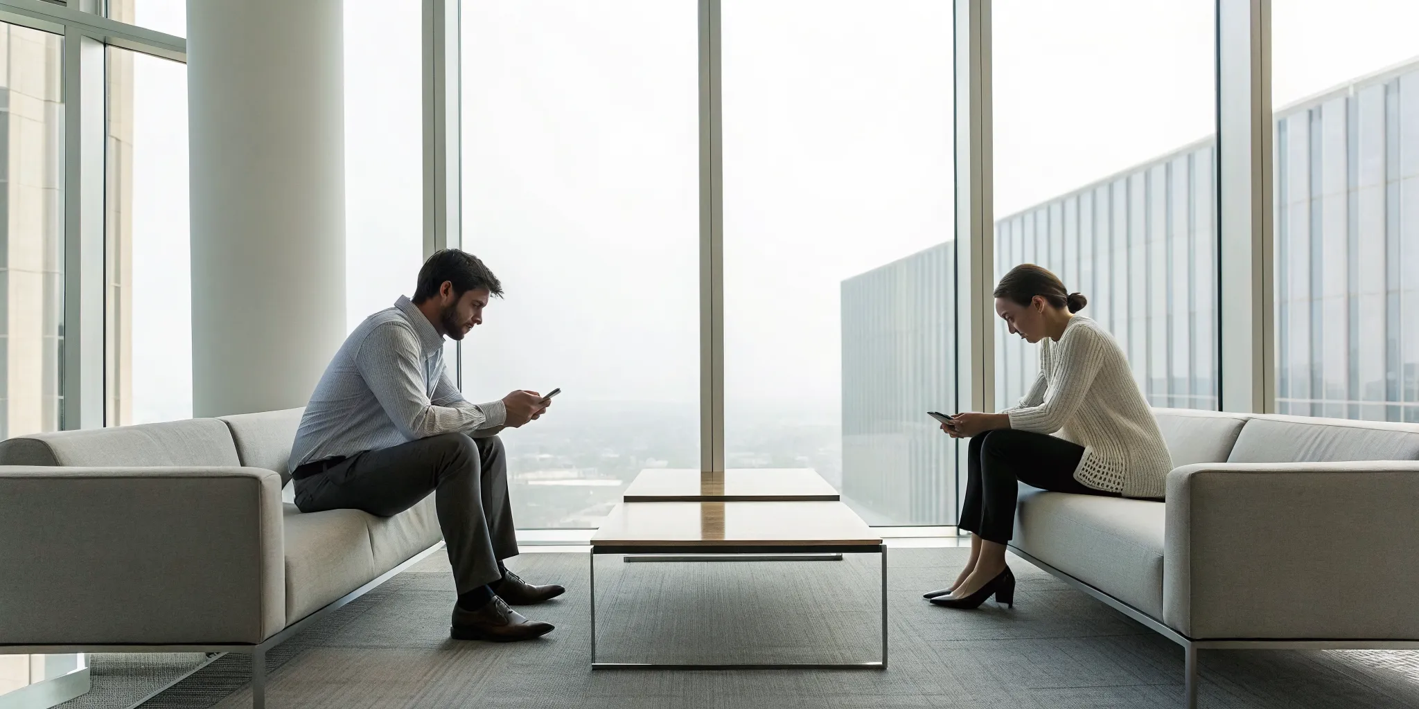 A couple sits apart on their phones, a sign of trust issues in a partner.
