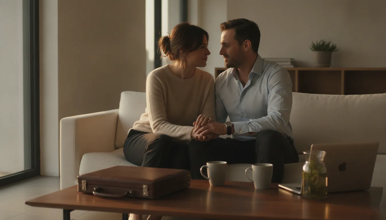 Entrepreneurial couple reconnecting through a calm conversation at home