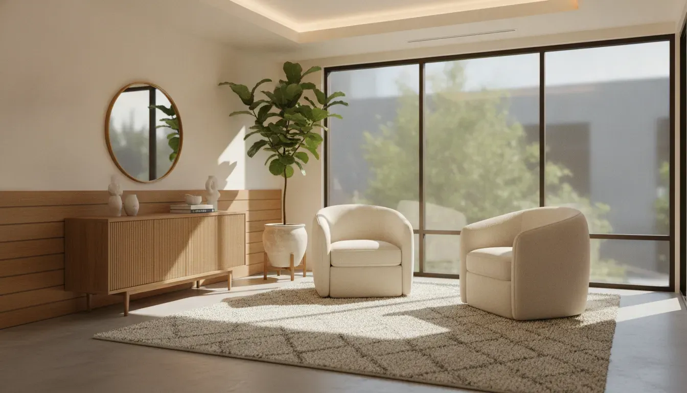 A warm and inviting modern therapy office in Palo Alto with comfortable seating for couples therapy sessions.