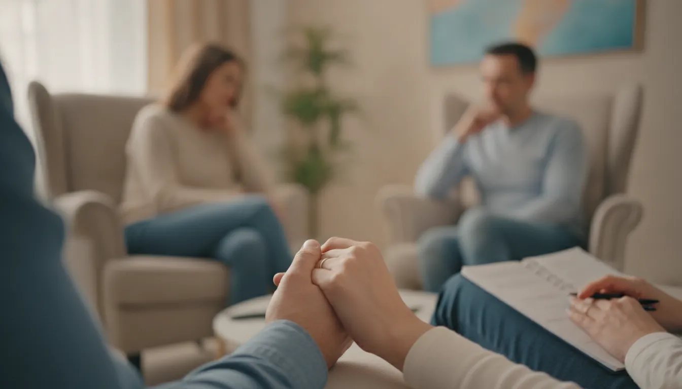 A couple holding hands in a therapy session, showing reconnection and emotional intimacy