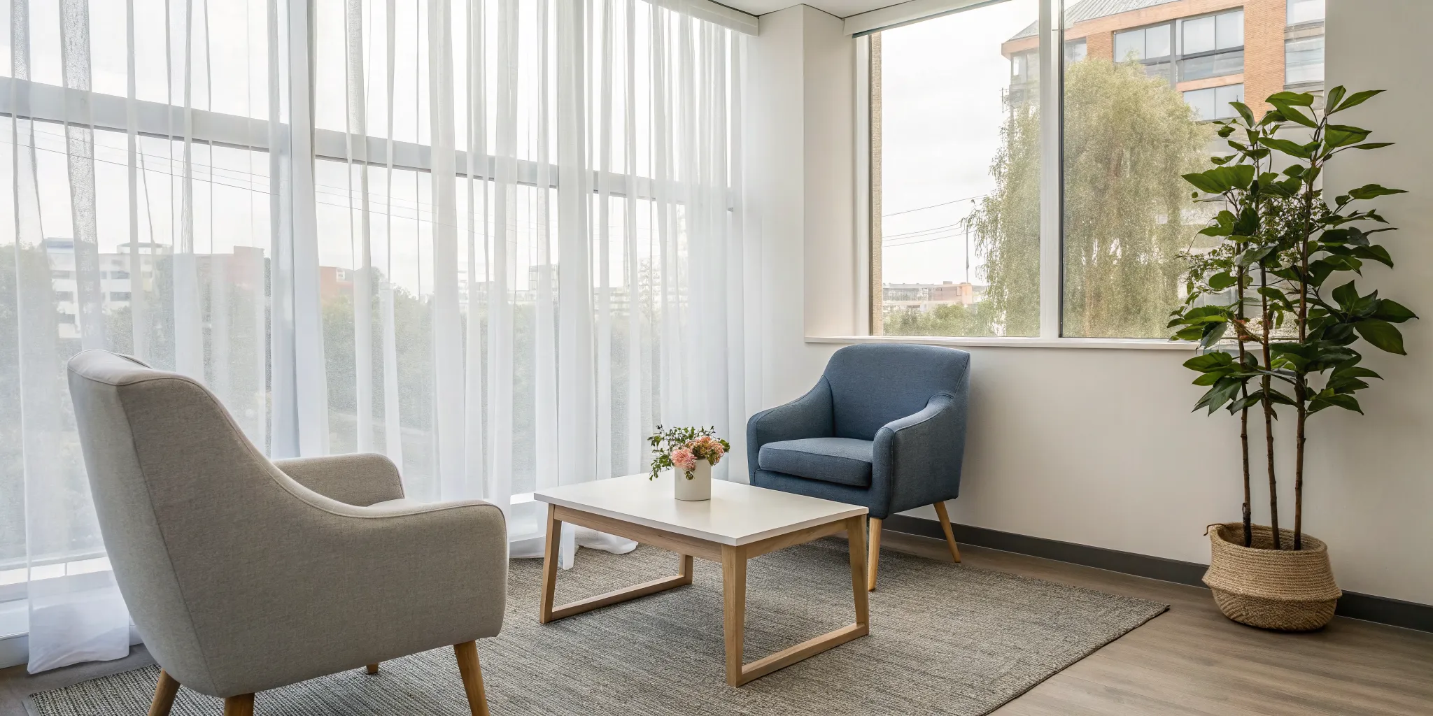 Therapy office with two armchairs for a cognitive or behavioral therapy session.