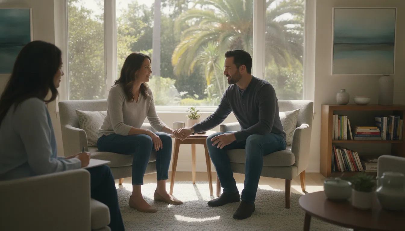 A serene couples therapy session in Palo Alto representing emotional connection and active listening.