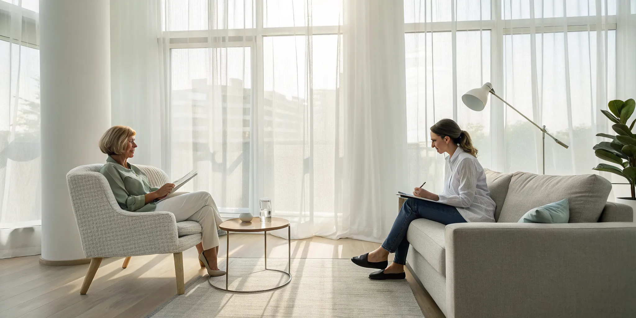 A therapist listens to a person during a therapy session for depression and anxiety.