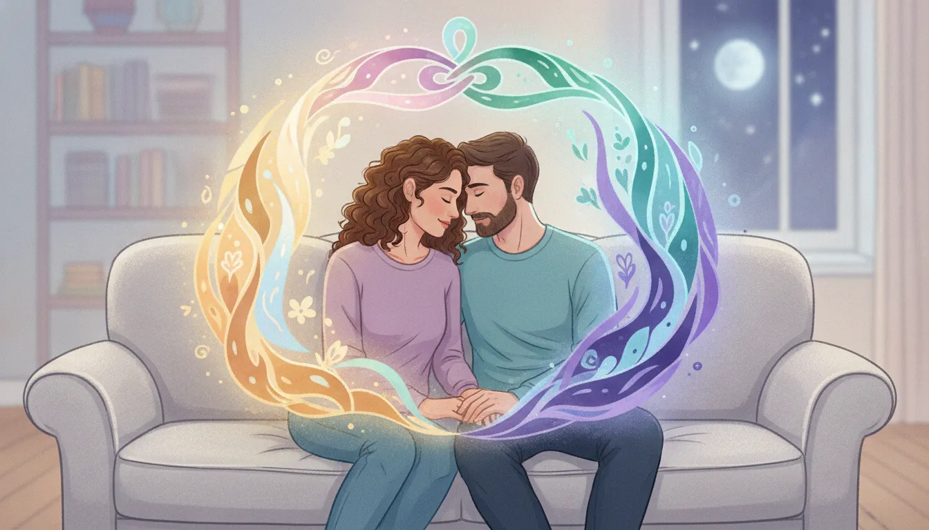 A couple sitting on a couch, surrounded by symbolic glowing light representing their inner emotional parts.