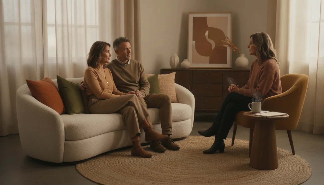 Couple sitting on a couch speaking with a therapist in a sunlit modern office