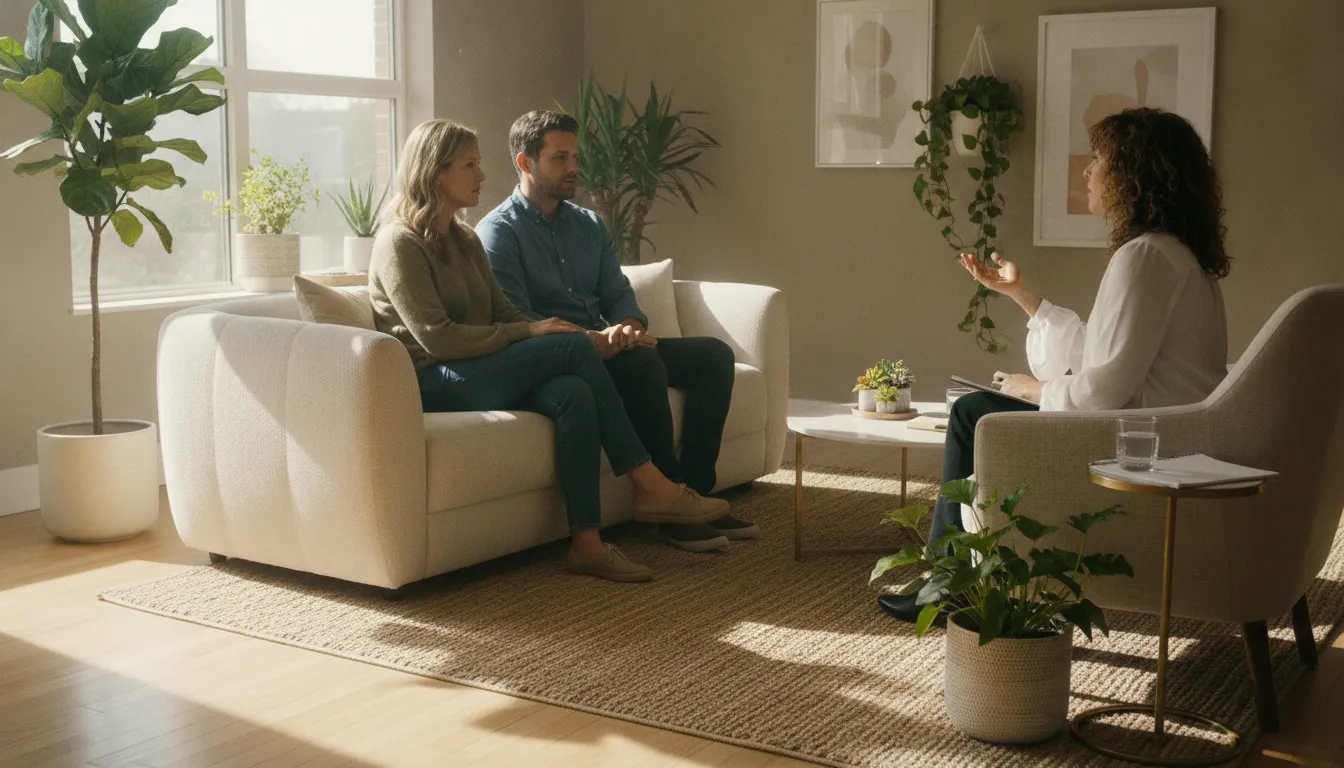 Female therapist smiling warmly at a couple during a relational life therapy session in a bright, plant-filled office