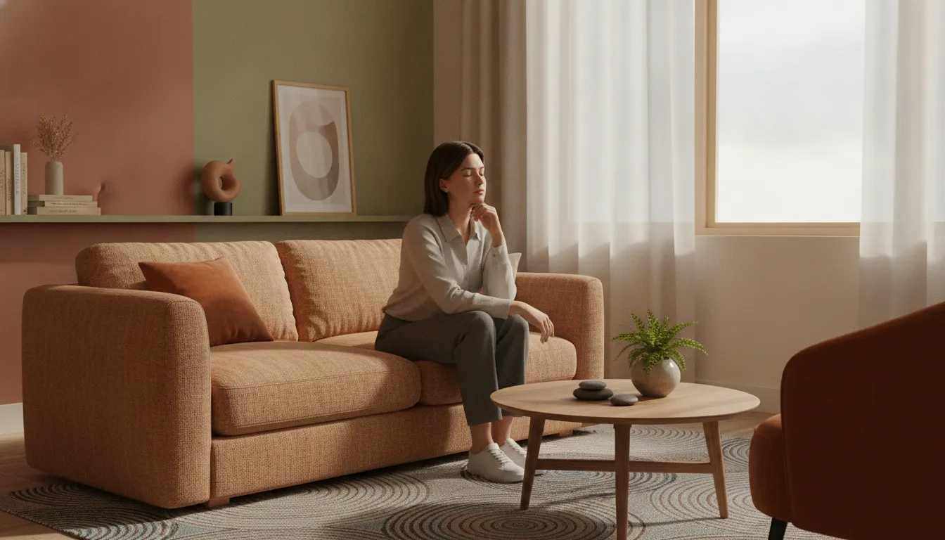 A warm, serene therapy office with soft natural light depicting a calming therapeutic environment for healing relationship anxiety