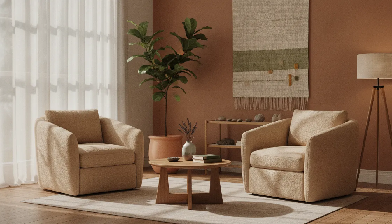 Two armchairs facing each other in a warm therapy office with soft natural light
