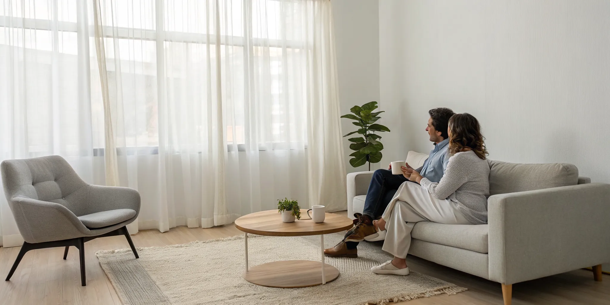 A couple sits on a sofa during a trauma-informed couples counseling session.
