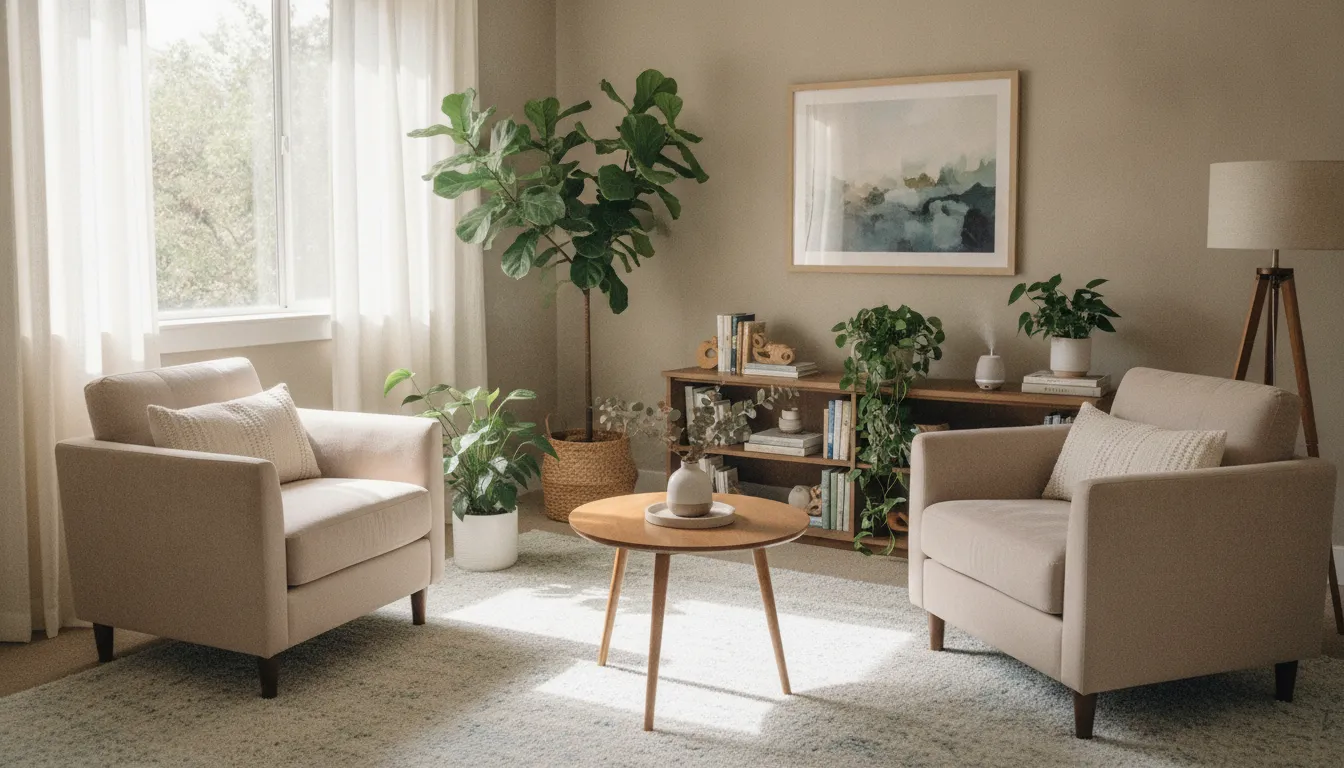 Sunlit couples therapy office in Palo Alto with two armchairs and plants