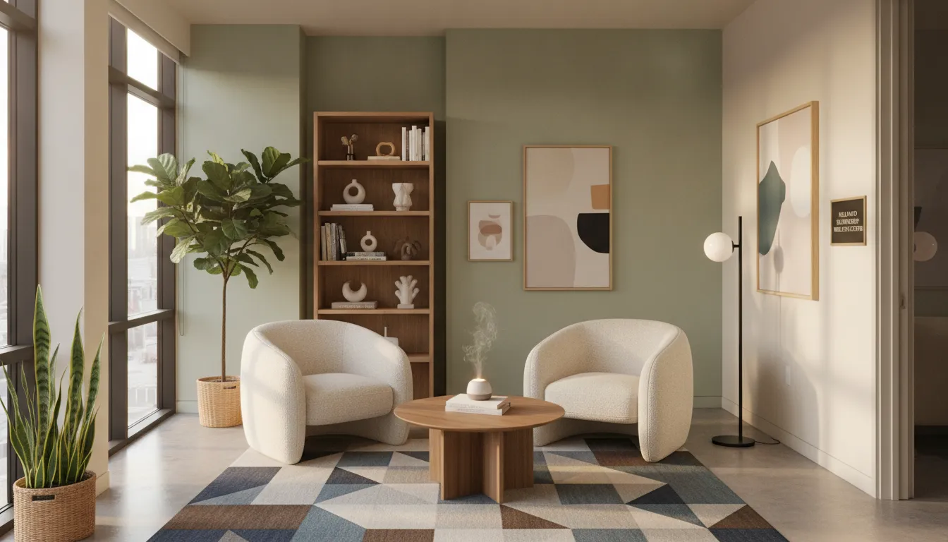 Warm couples therapy office in Palo Alto with two armchairs, plants, and natural light