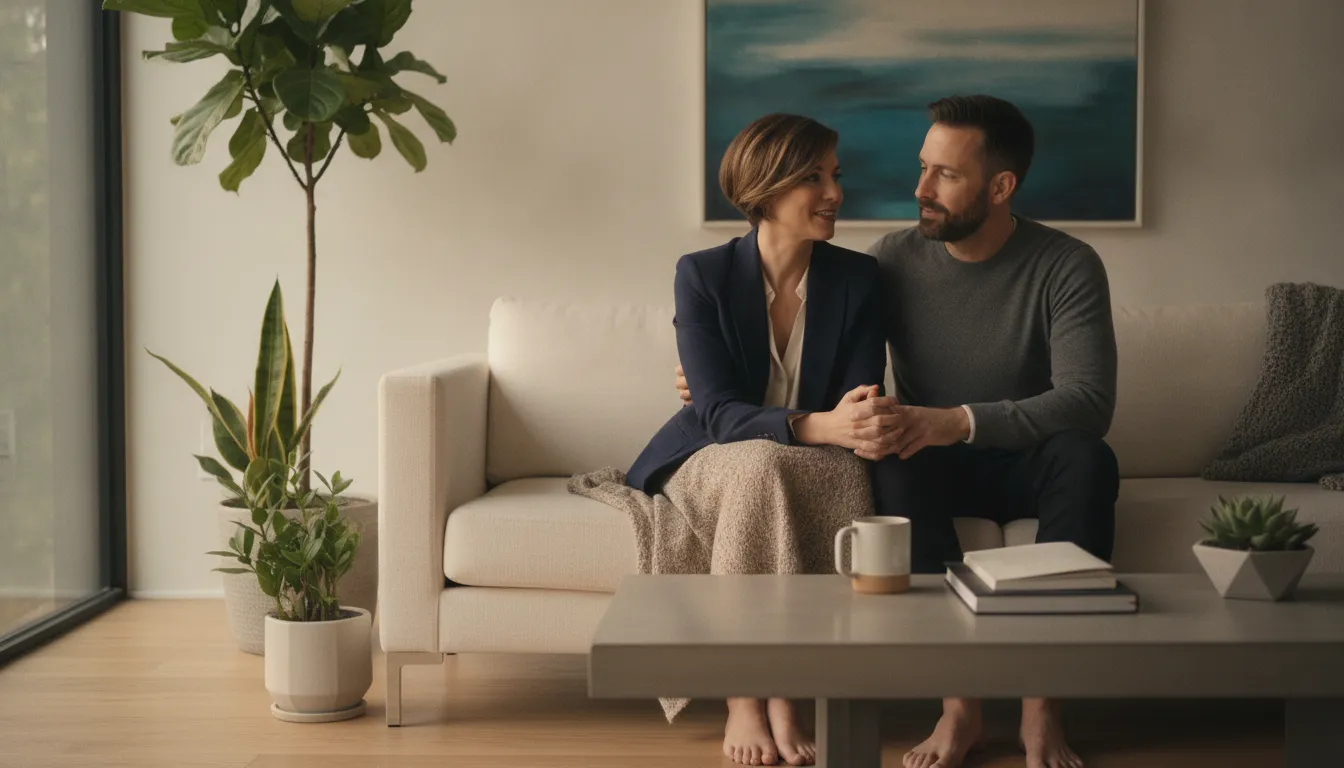 Couple sitting together on a modern couch having a warm supportive conversation