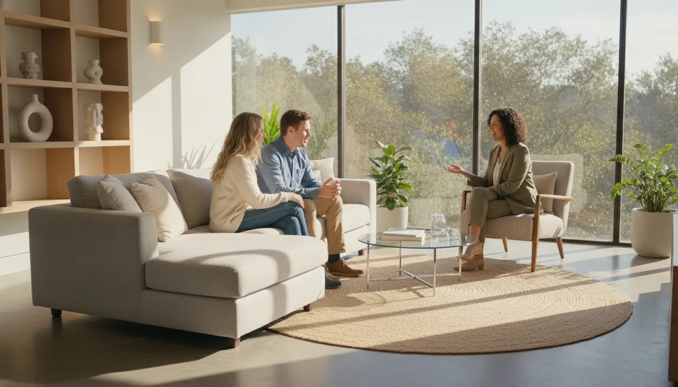 A couple sitting on a couch in a bright modern therapy office in Palo Alto, engaged in conversation with a therapist