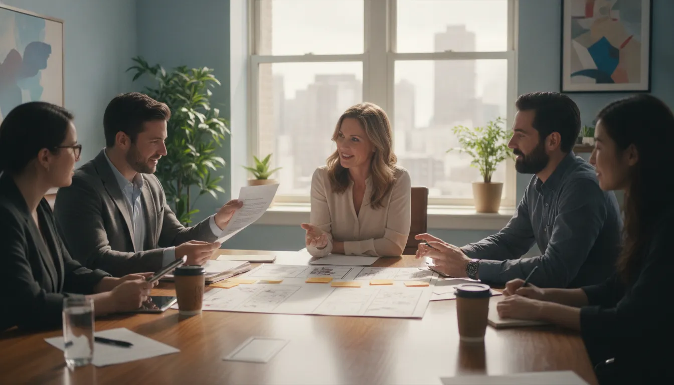 Entertainment professionals consulting with a therapist about character psychology and script development in a bright modern office