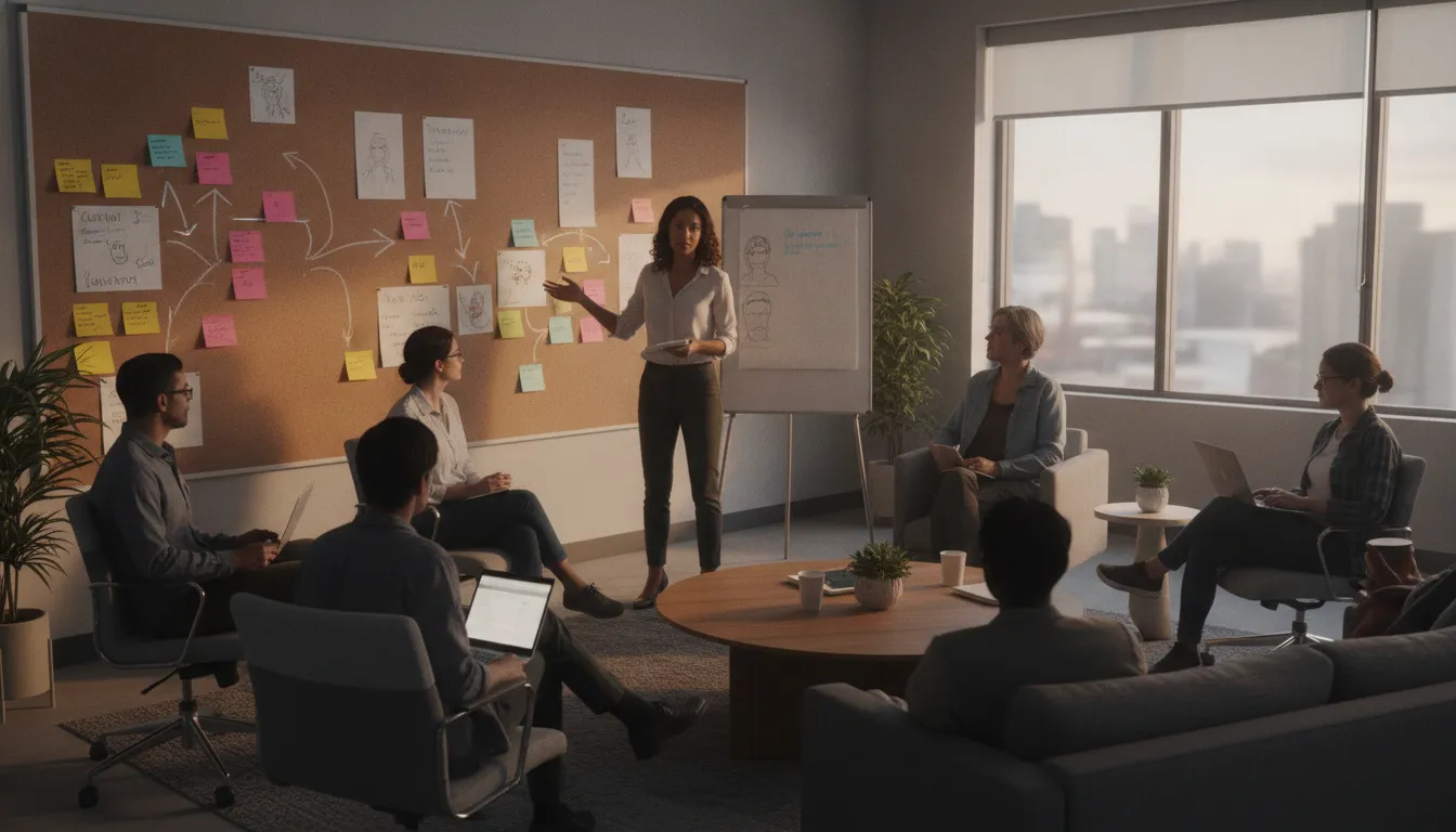 Writers and producers collaborating with a mental health consultant in a creative workspace