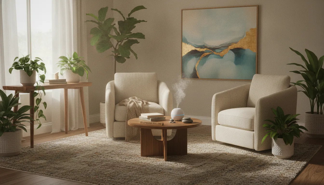 Warm therapy office with two armchairs facing each other for couples counseling