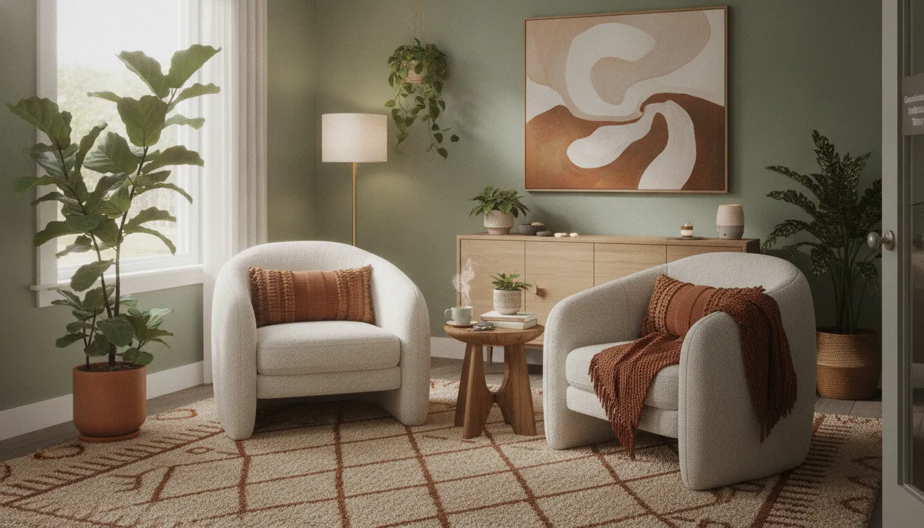 Warm therapy office with comfortable armchairs and natural light