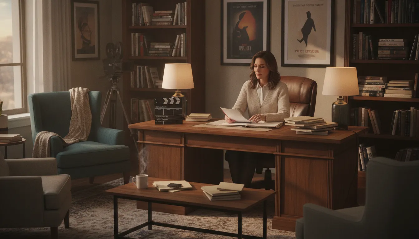 A professional therapy office with a psychotherapist reviewing creative scripts and materials, warm lighting, realistic photography style.