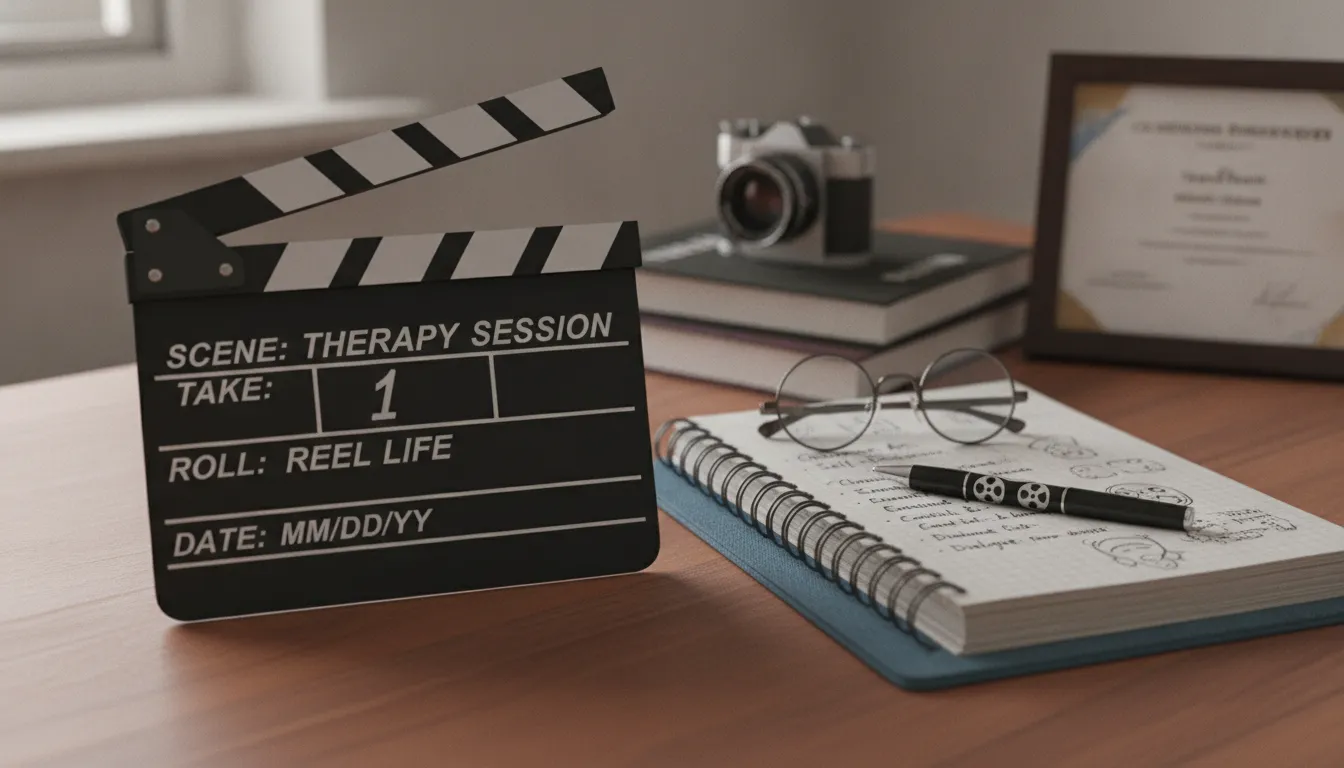A clapperboard beside a therapy notebook on a desk, representing the intersection of film production and clinical expertise