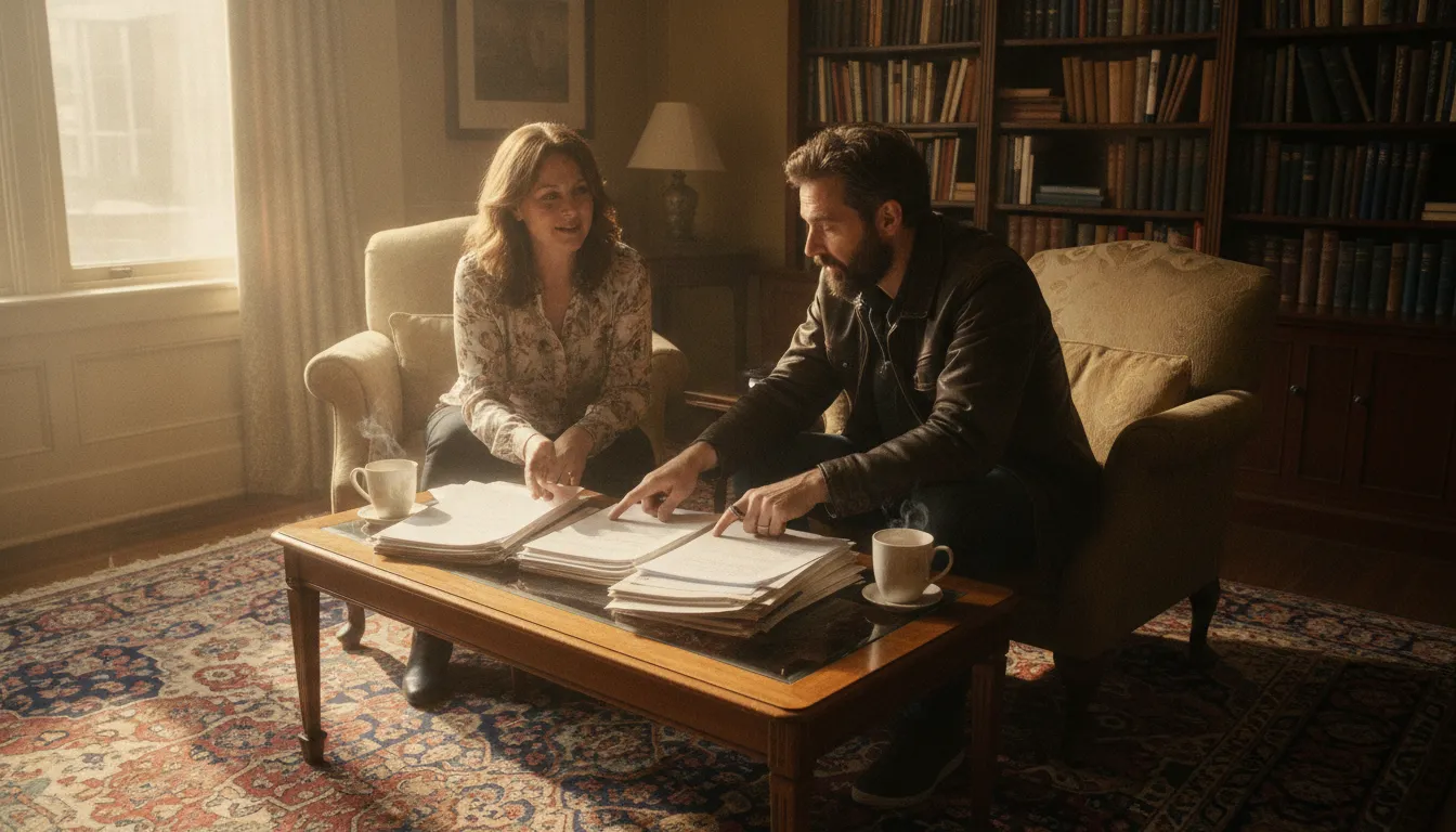 A licensed therapist consulting with a screenwriter in a warm office setting, reviewing creative materials together