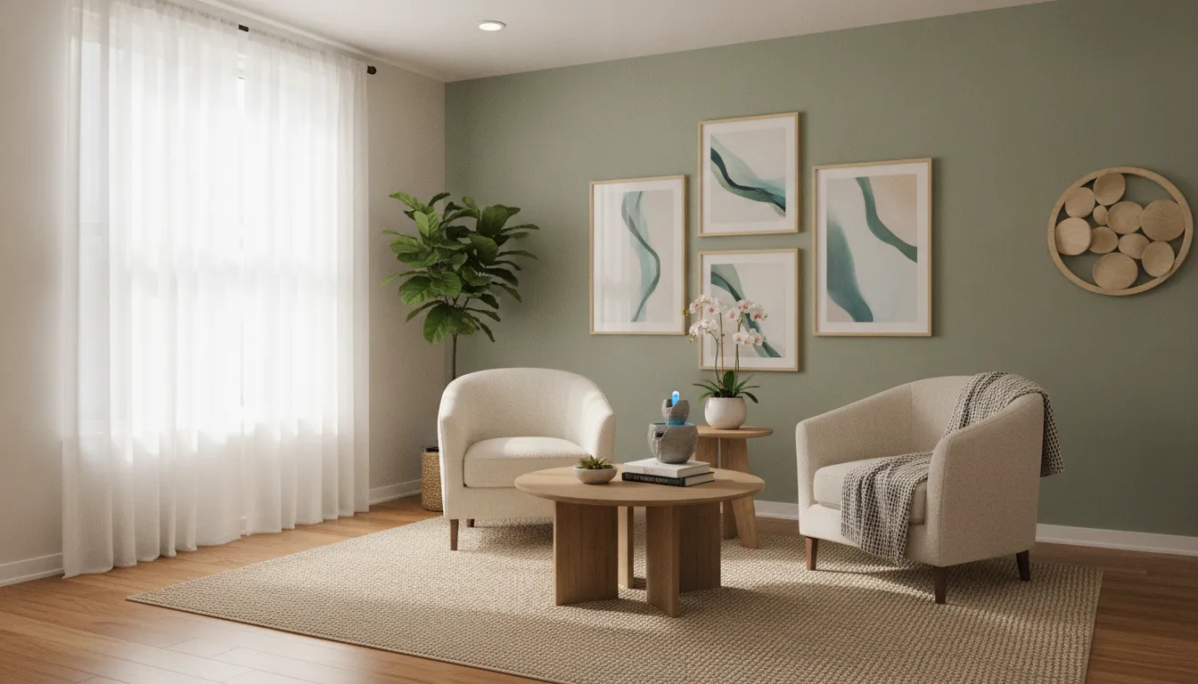 Warm therapy office interior with soft natural light representing healing and recovery