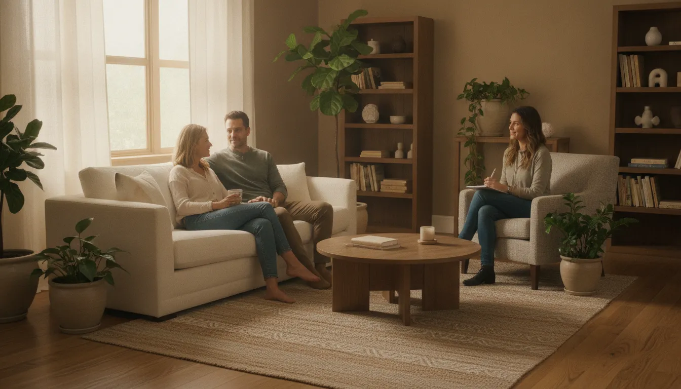 A couple sitting together on a comfortable couch in a warm, naturally lit therapy room, practicing mindfulness and connection