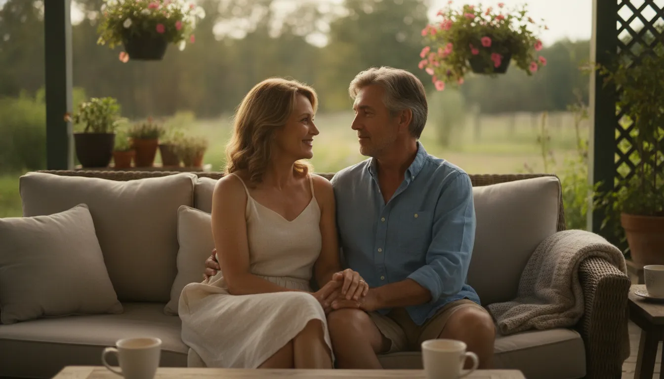 Couple sitting together on a porch, entering a new chapter of their relationship as empty nesters
