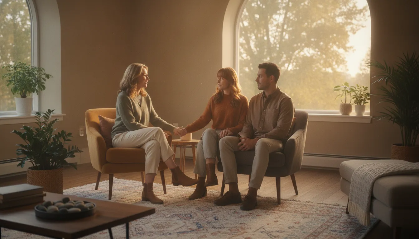 A warm therapy session with a couple and therapist in a sunlit Palo Alto office
