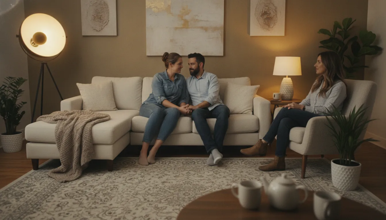 A couple speaking with a therapist in a warm, comfortable office setting
