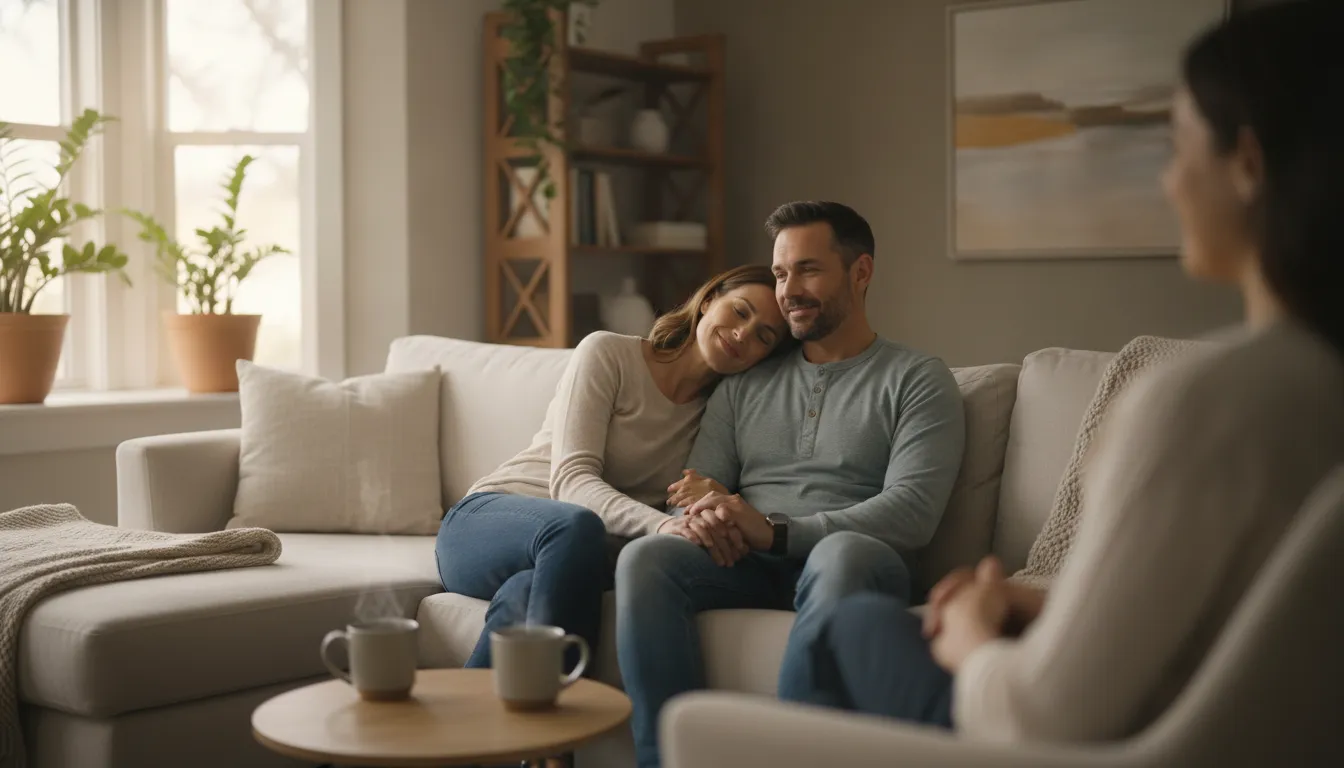 A couple sitting together on a comfortable couch in a warmly lit therapy office, soft natural light from a window, relaxed body language suggesting emotional connection