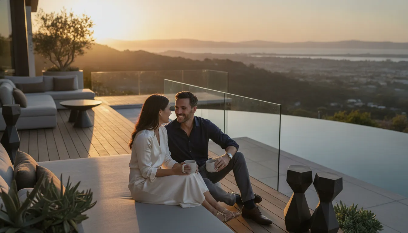 Silicon Valley couple having a genuine conversation on a modern patio overlooking Bay Area hills in evening light