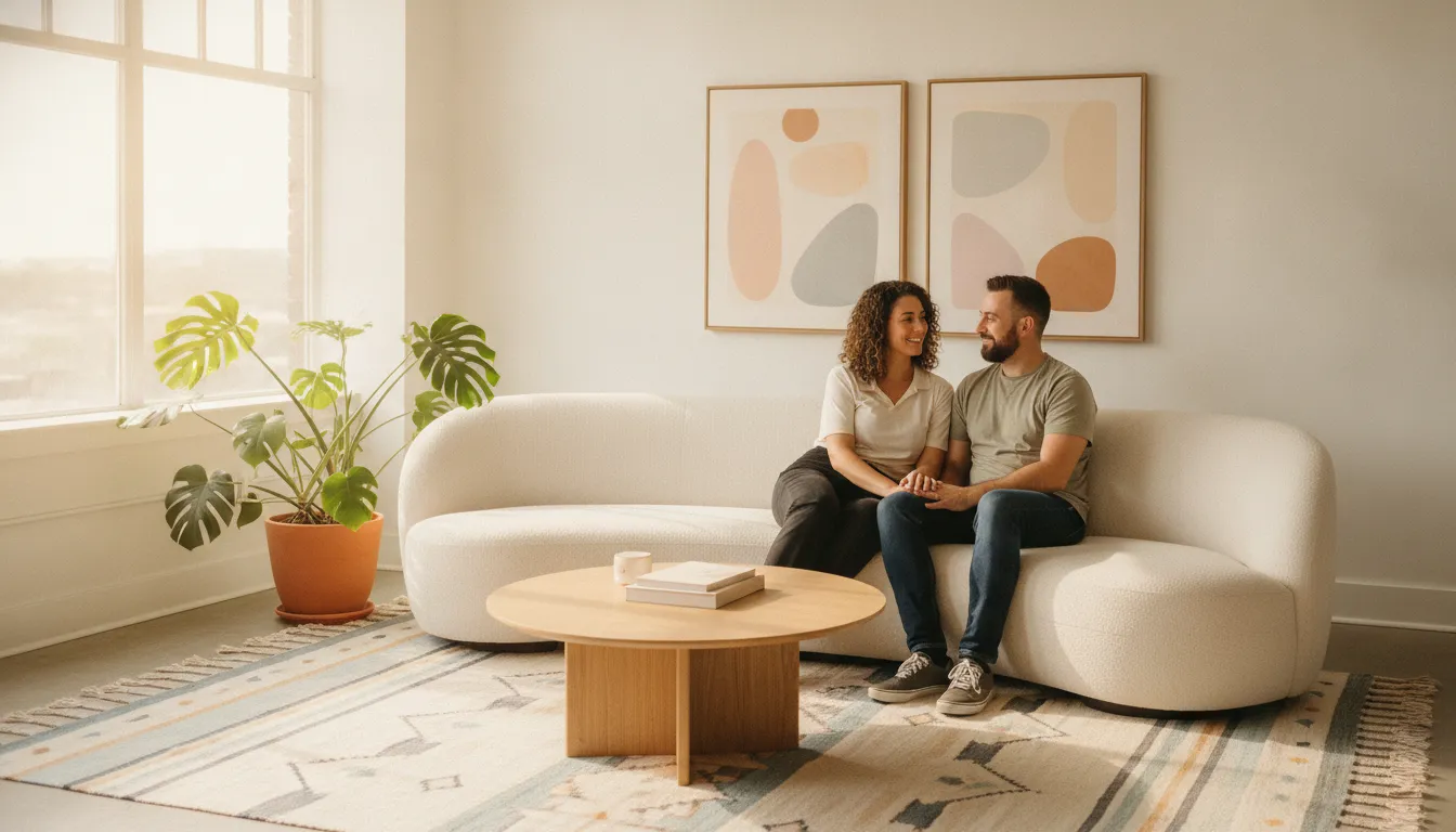 Couple sitting together in a bright modern therapy office, warm natural light, California atmosphere