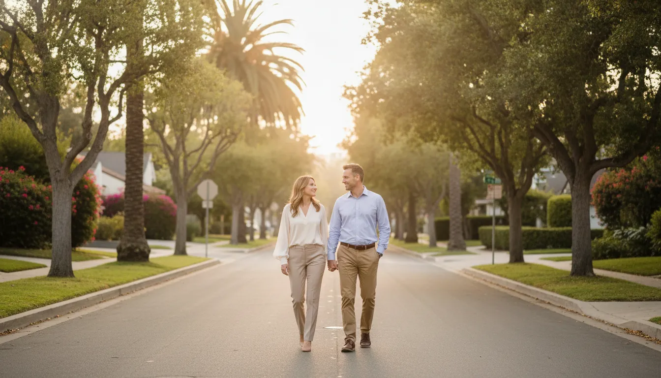 Couple walking together on a quiet tree-lined street, warm evening light, relaxed conversation