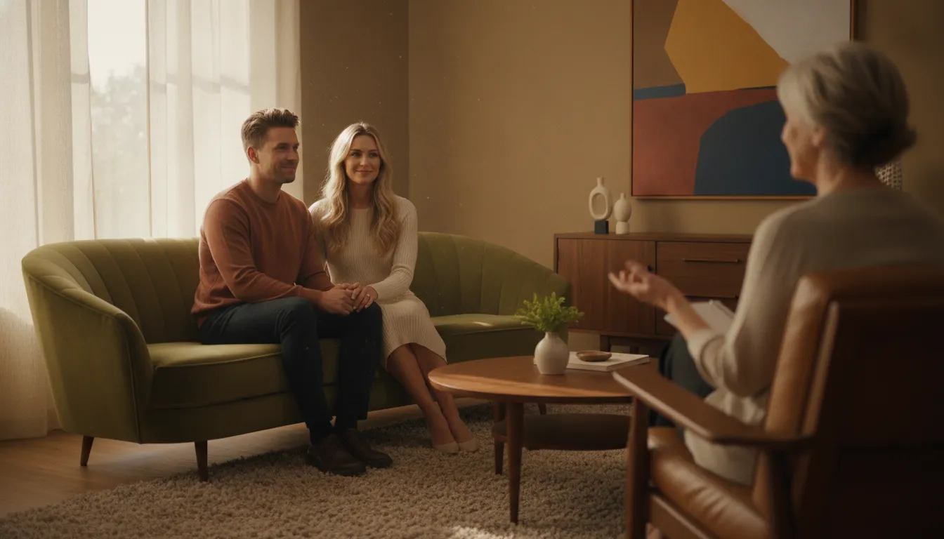 Couple in therapy beginning healing from infidelity and rebuilding trust