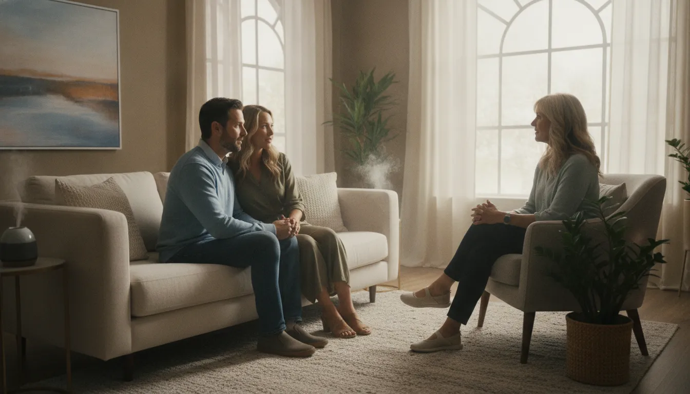 A couple speaking with a therapist during an affair recovery session in a warm office environment