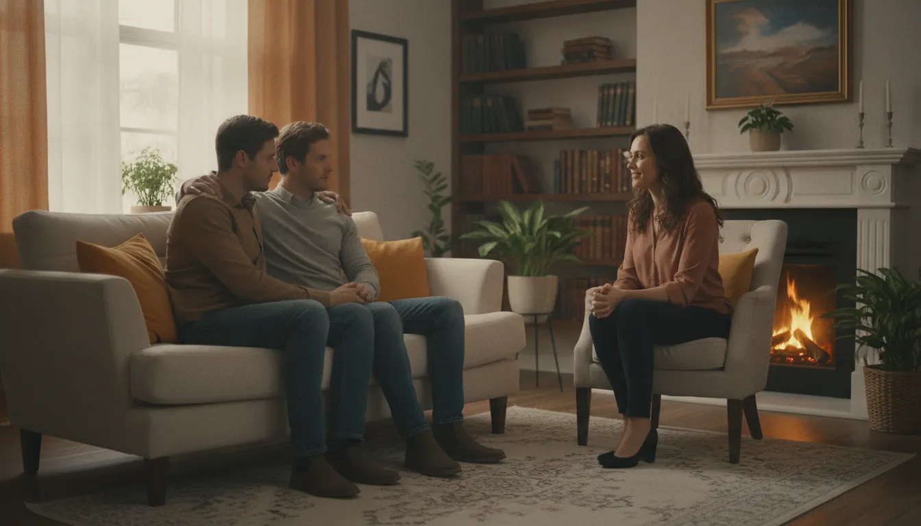 Engaged couple speaking with a therapist in a warm Palo Alto therapy office