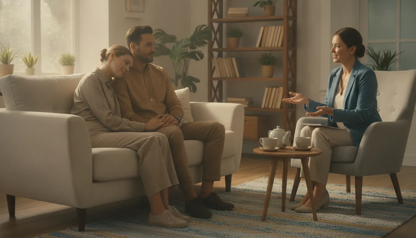A couple sitting together in a warm therapy office speaking with a therapist, calm and hopeful atmosphere