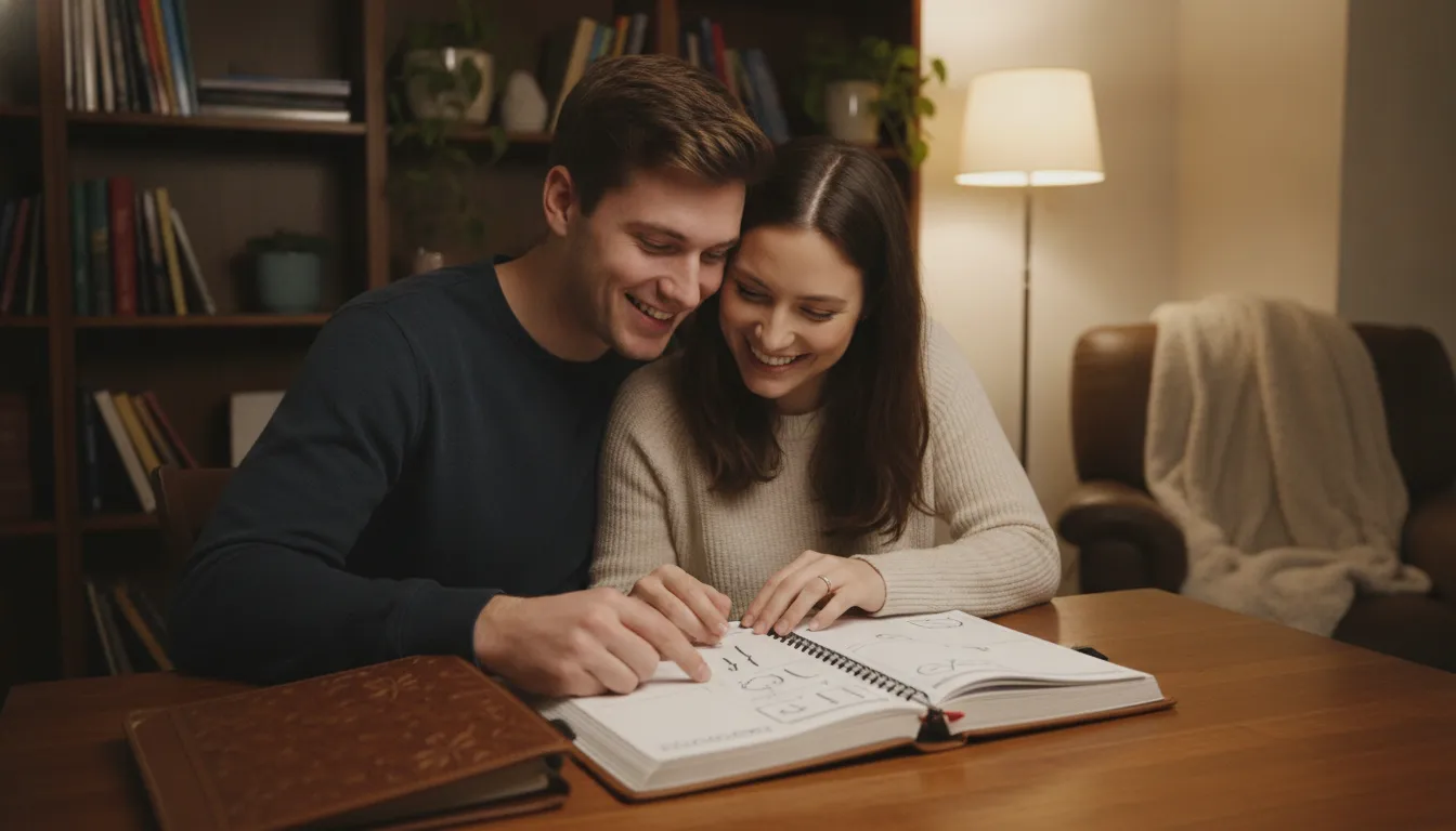 A couple reviewing plans together in a warm domestic setting, soft lighting, focused on their future