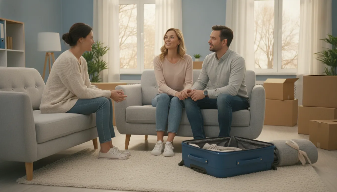 A therapist speaking with a couple in a bright therapy office as they navigate a major life change