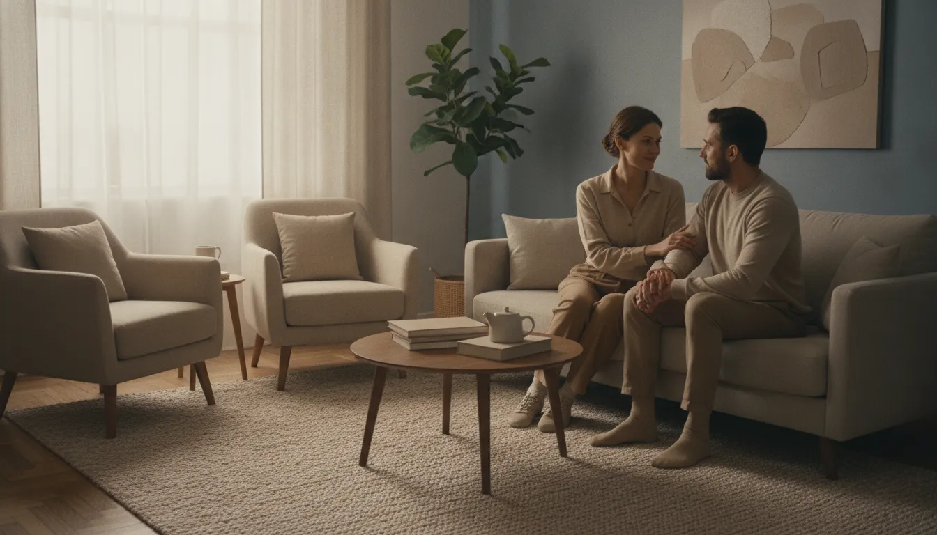 A couples therapist speaking warmly with two adults seated together in a calm counseling office
