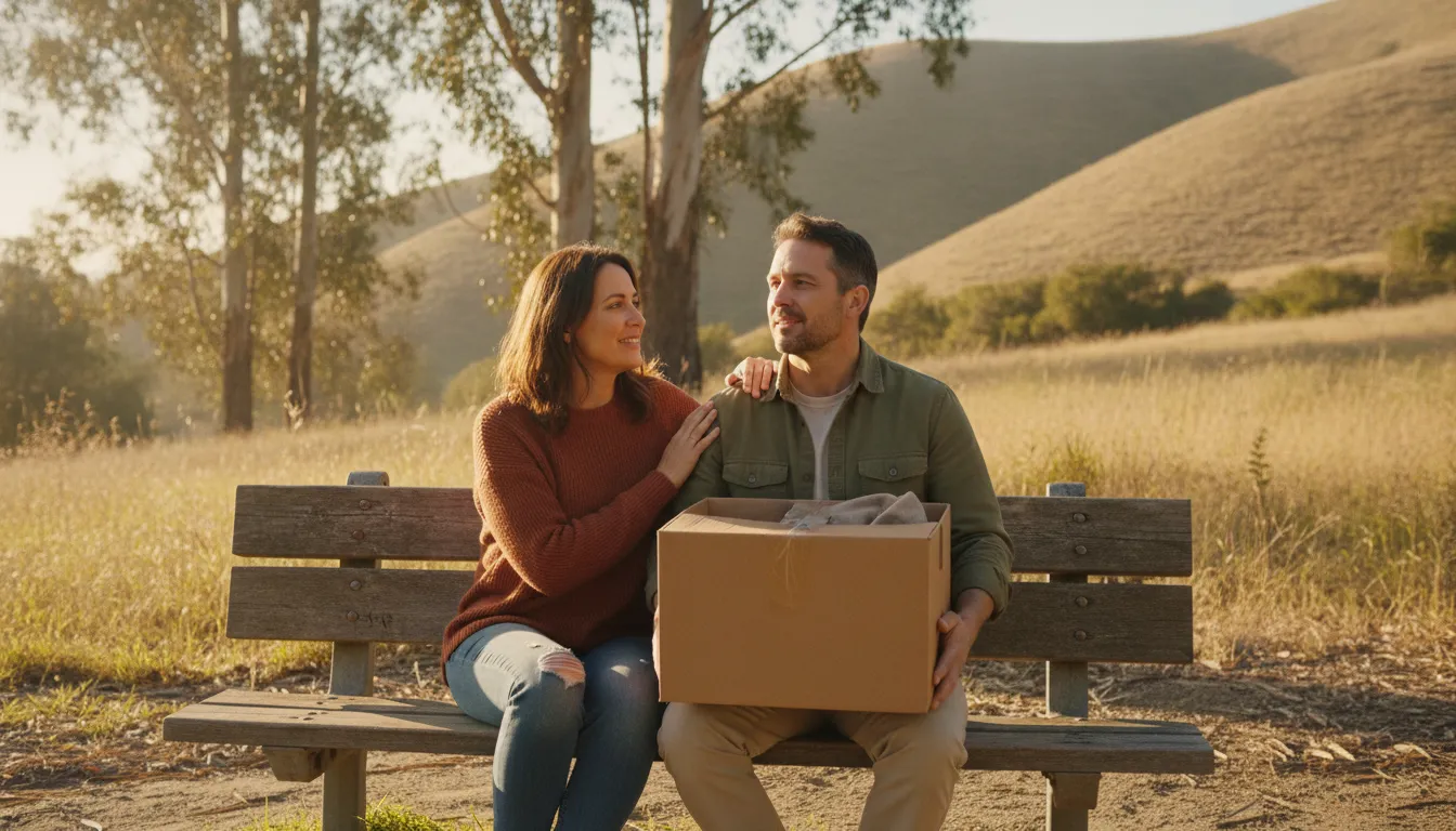 A supportive couple sitting together during a major life transition