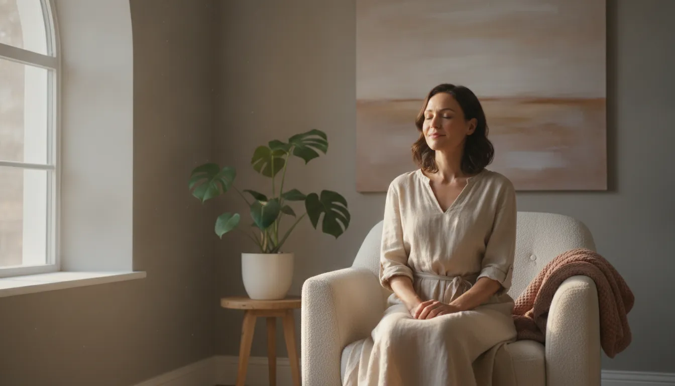 A woman sitting calmly by a bright window during her healing journey