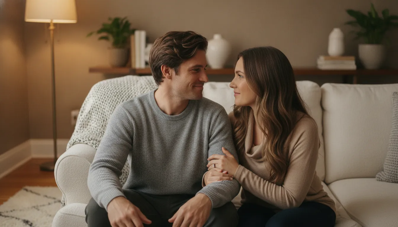 A couple talking together on a couch in a softly lit living room, facing each other with open body language and eye contact