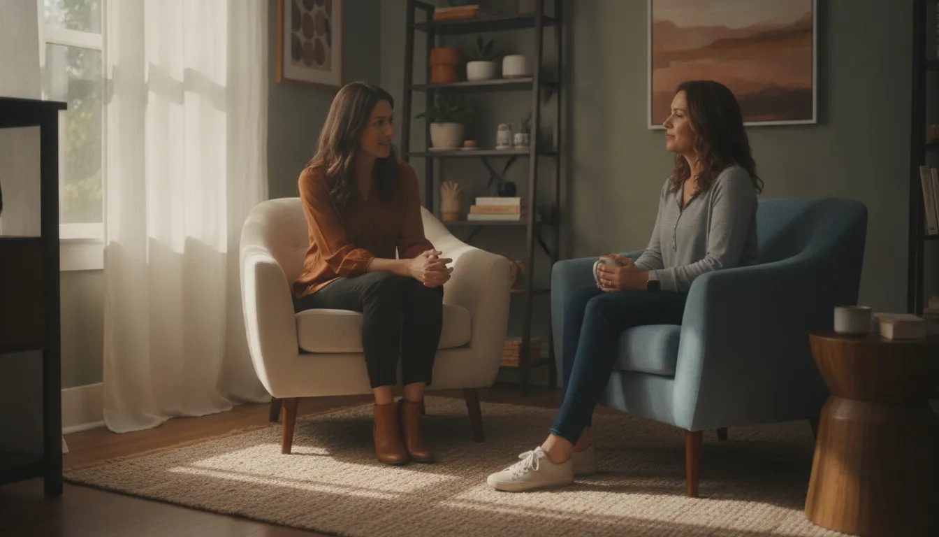A therapist speaking gently with an adult client in a calm therapy office, creating a supportive space to process family estrangement