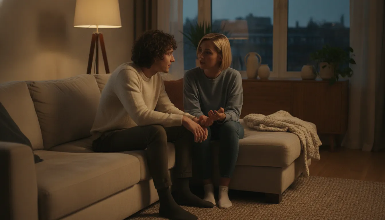 A couple practicing active listening, one partner leaning in with open posture while the other speaks