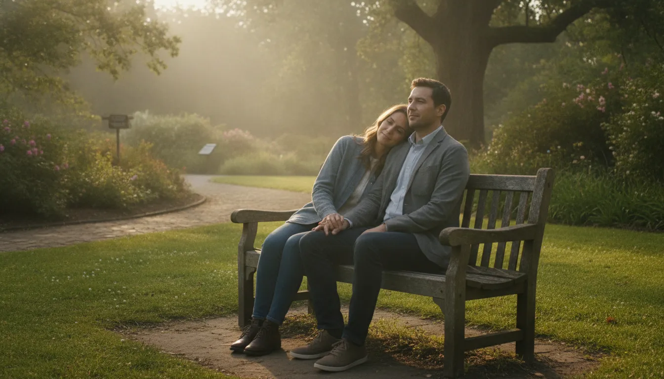 A couple reconnecting peacefully, sitting close together and holding hands after an argument